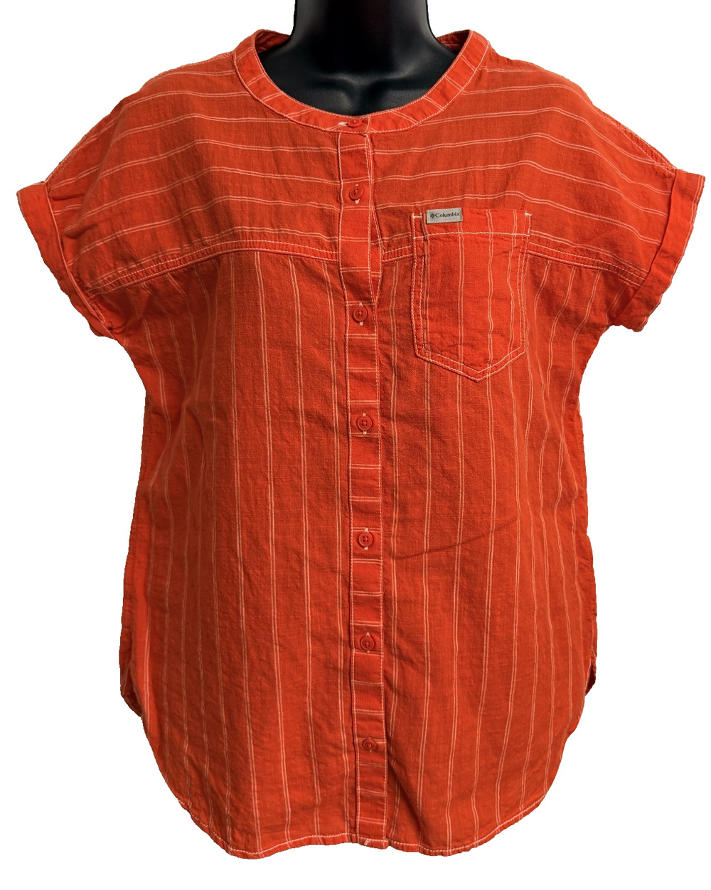 Columbia Shirt Womens Small Orange Striped Cuffed Short Sleeve Button Top XL8761